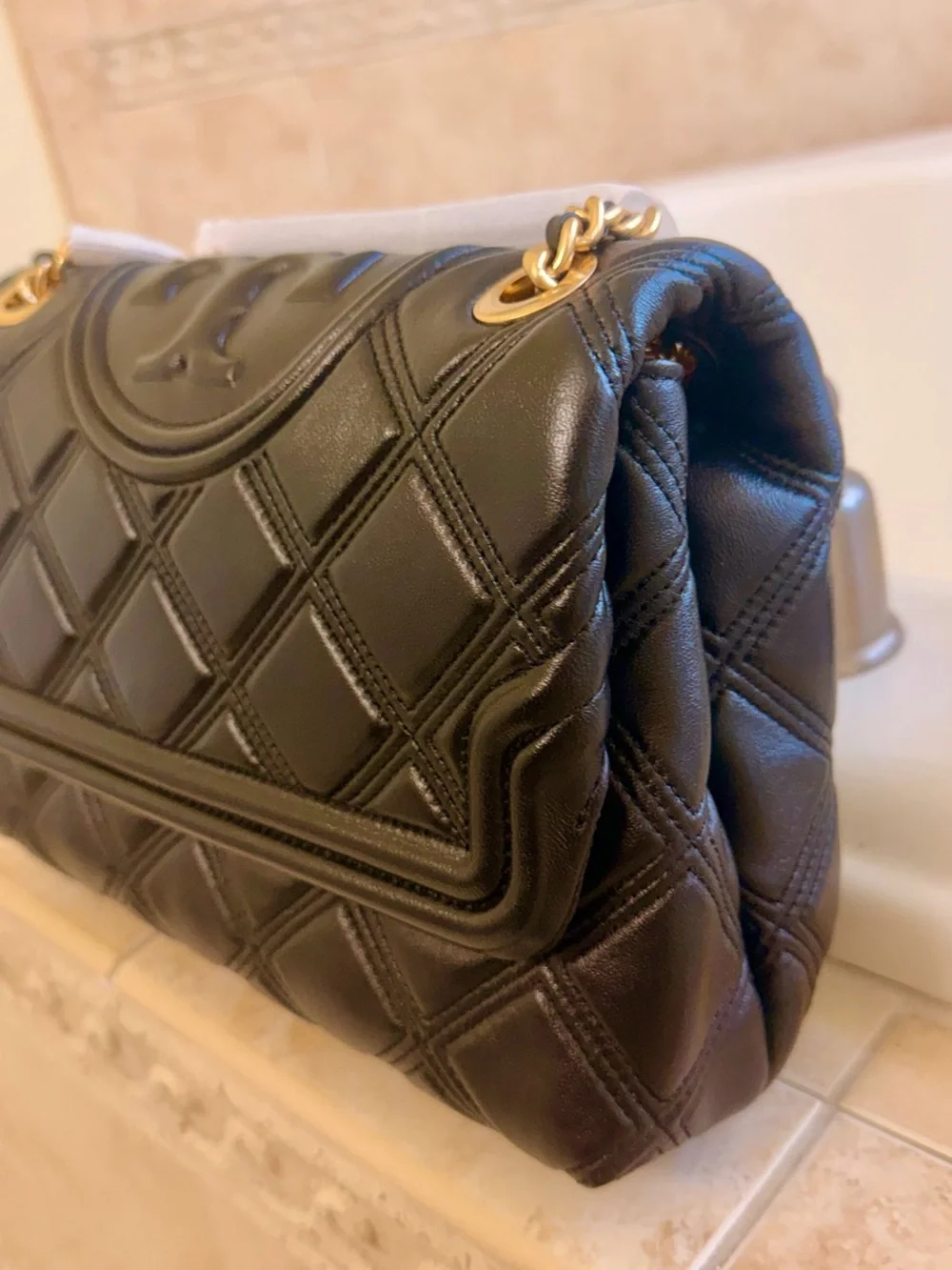 Tory Butch Fleming Quilted Black Leather Shoulder Bag with Gold Chain Hardware
